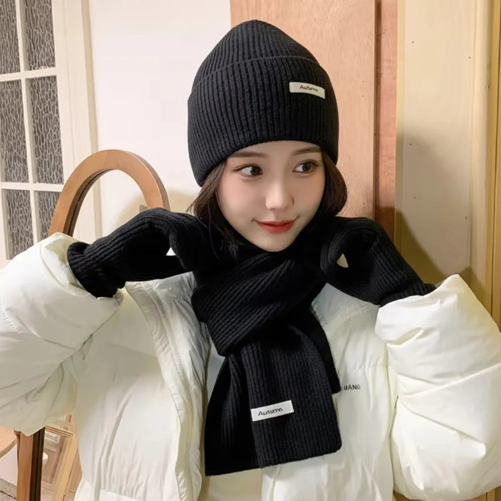 Women's 3-Piece Red Knit Cotton Hat, Scarf & Gloves Set — Thick Winter Beanie with Ear Protection, Warm Holiday Gift
