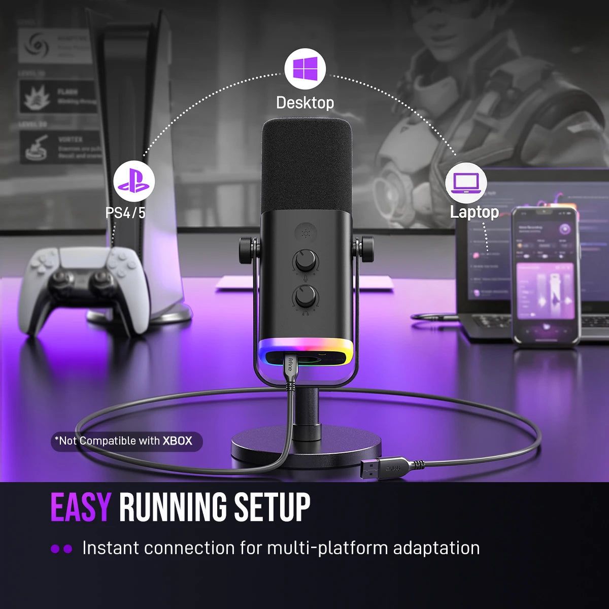 USB/XLR Dynamic Gaming Microphone with RGB Lighting, Headphone Jack & Mute for PC Streaming & Recording