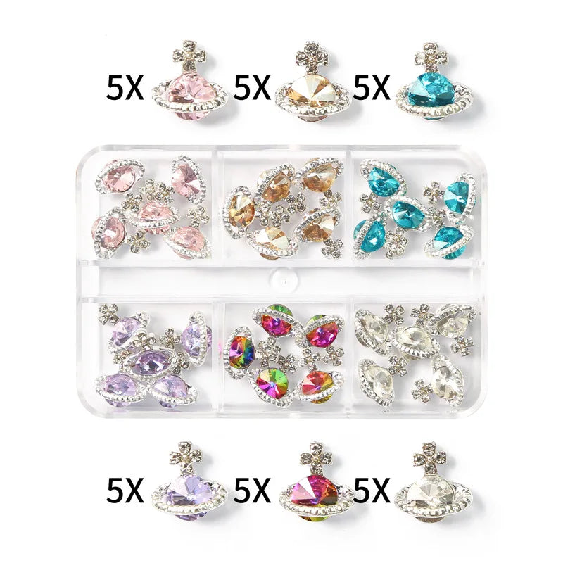 6-Grid Nail Rhinestone Kit – Saturn, Planet & Cross Crystal Nail Charms for Nail Art