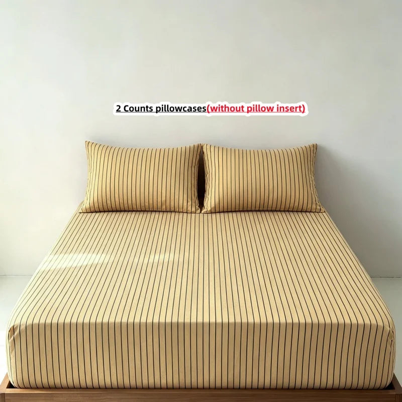 3-Piece Stripe Fitted Sheet Set – Elastic Anti-Slip Adjustable Fitted Mattress Cover with 2 Pillowcases