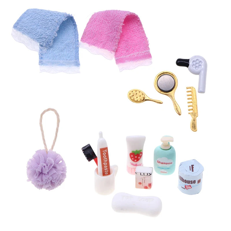 1:12 Scale Dollhouse Mini Bathroom Accessories – Hair Dryer, Mirror & Dressing Tools