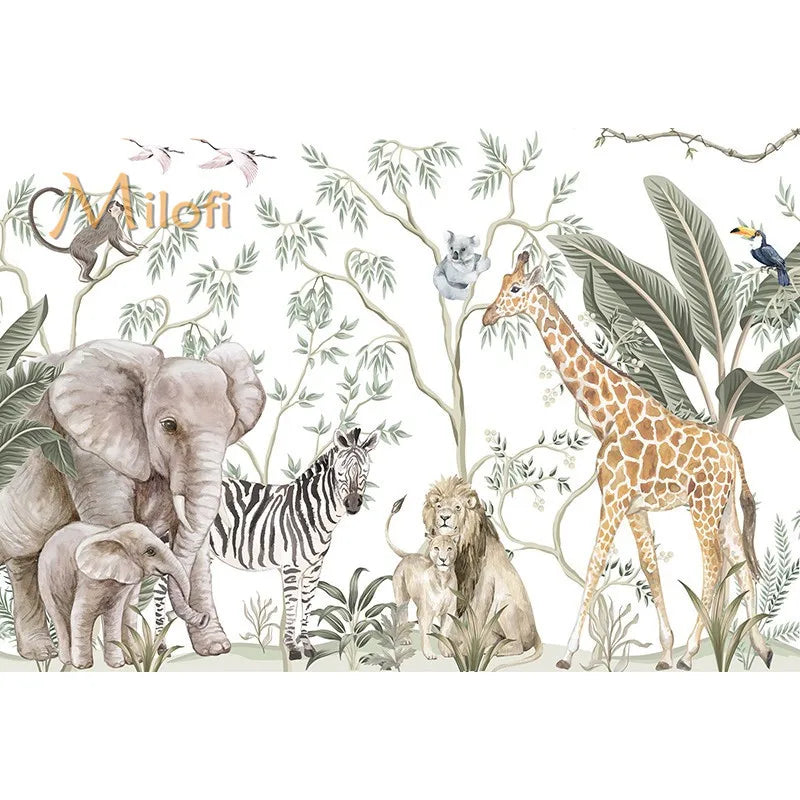 Custom Watercolor Jungle Animal Peel-and-Stick Wall Mural - Giraffe Elephant Zebra Nursery & Kids Wallpaper