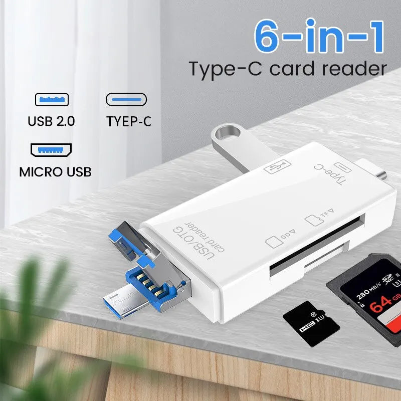 6-in-1 USB Type-C OTG Card Reader – MicroSD/TF & USB Adapter for Phones, Tablets, Laptops (USB 2.0)