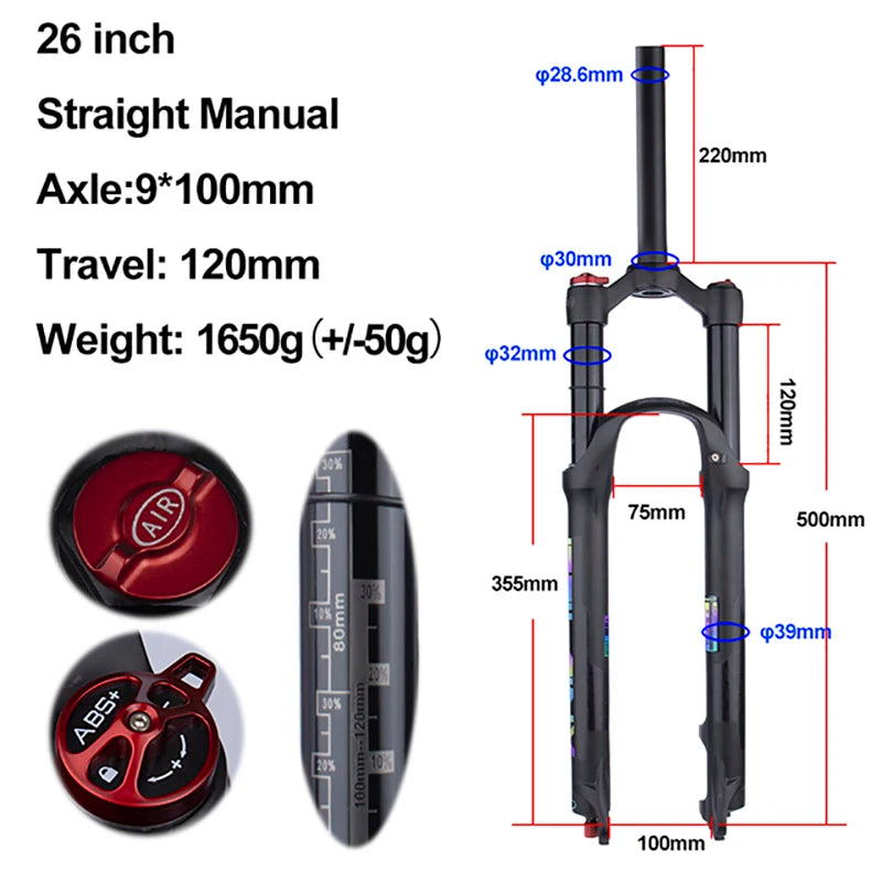 MTB Air Suspension Fork — 120mm Travel, Rebound Adjustable, 26/27.5/29 in, 9x100mm Quick Release, Disc Brake Compatible