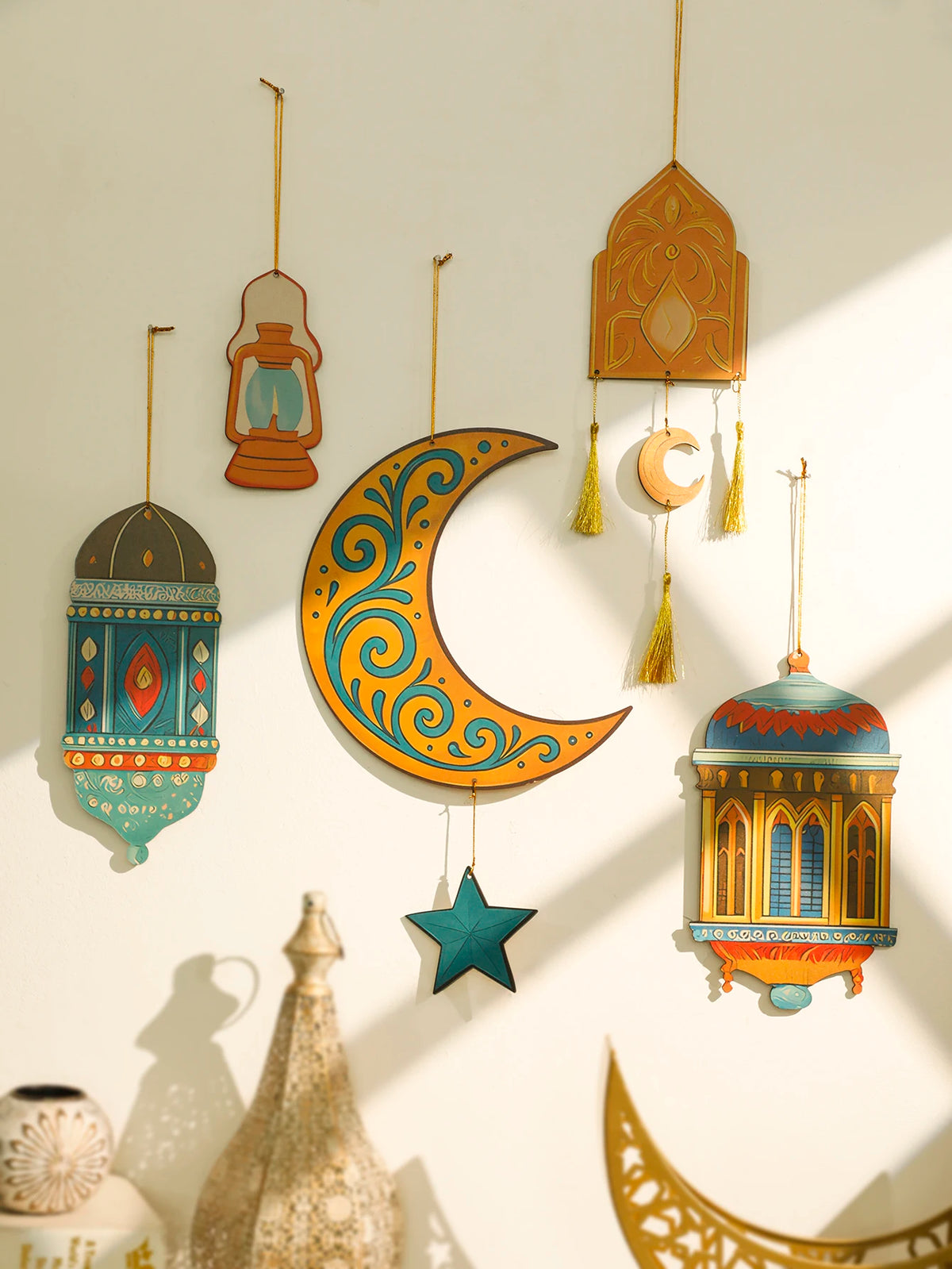 Ramadan Moon and Star Lantern Wall Decor with Tassel – Eid Mubarak Hanging Ornament for Muslim Festival Home Gift