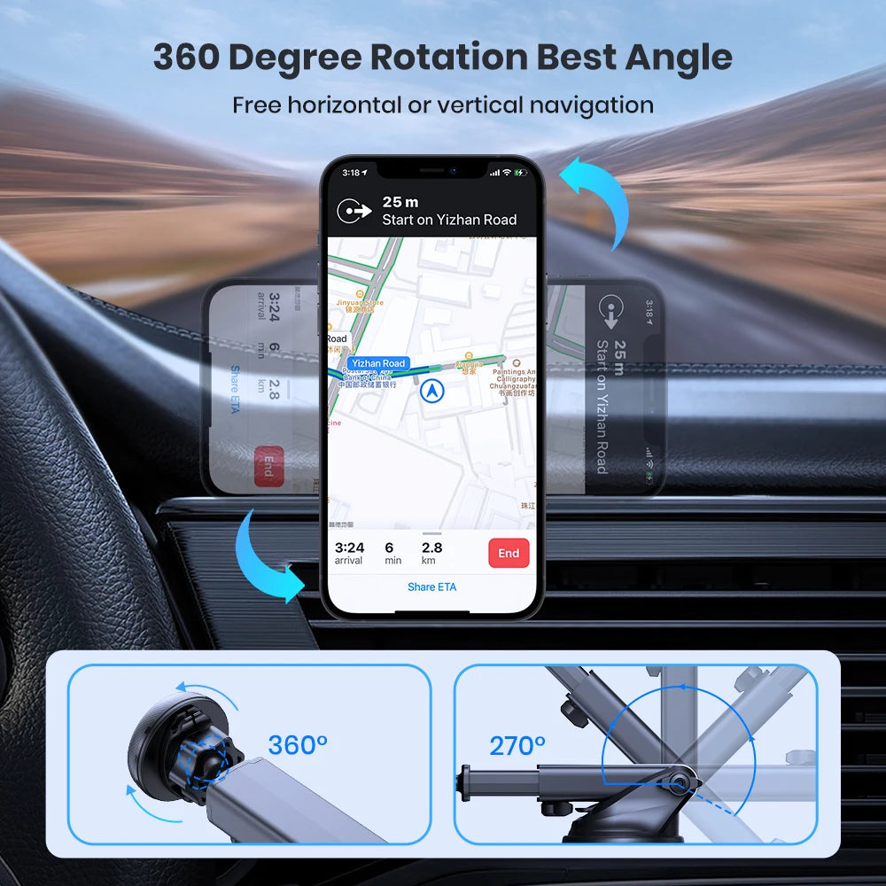 Magnetic Car Phone Holder – Strong Suction Cup Dashboard & Windshield Mount, Long Arm, 360° Adjustable, Fits 4–7 in (10–17.8 cm) Phones