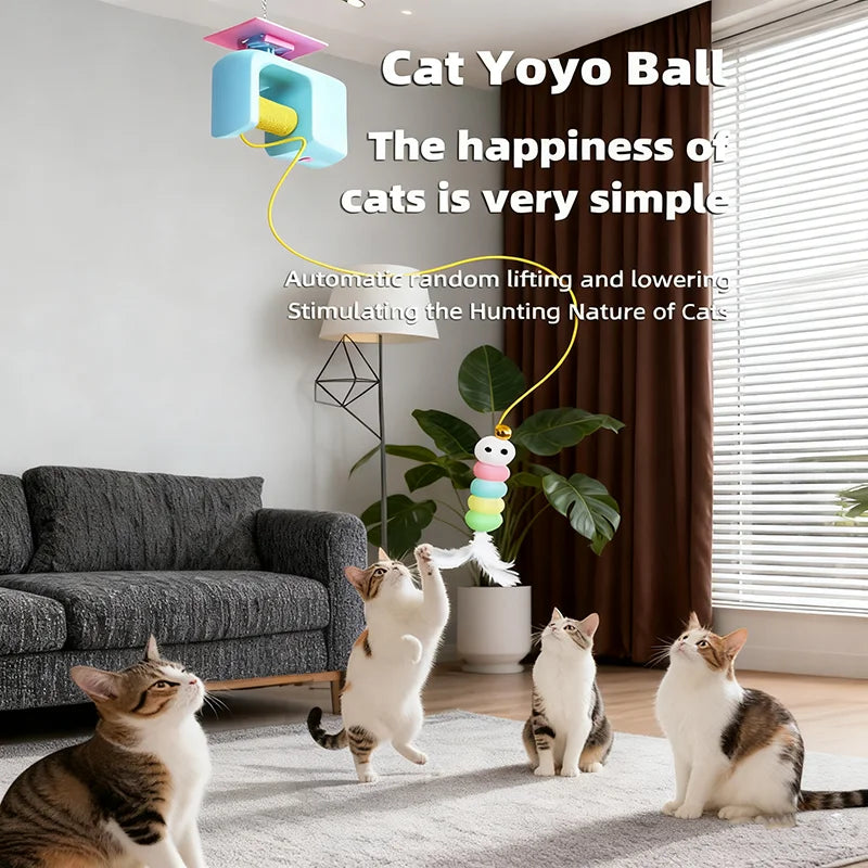 USB Rechargeable Retractable Door-Hanging Cat Toy, Automatic Self-Play Feather Yo-Yo Indoor Interactive Teaser