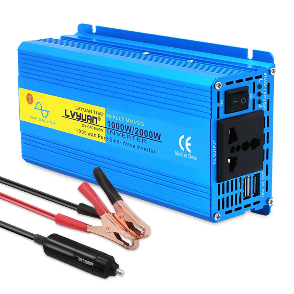 2000W Peak / 1000W Continuous Pure Sine Wave Power Inverter DC 12V/24V to 220–240V AC – EU/Universal Socket & USB