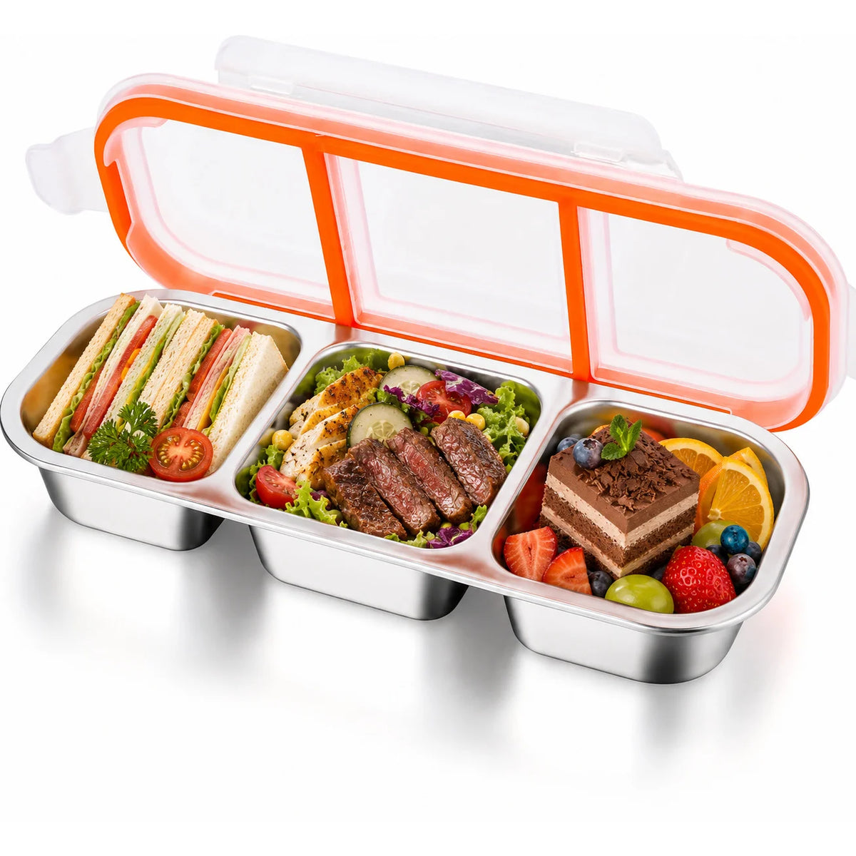 304 Stainless Steel Divided Lunch Box, 3-Compartment Portable Food Container with Lid, Dishwasher Safe for School Office Travel