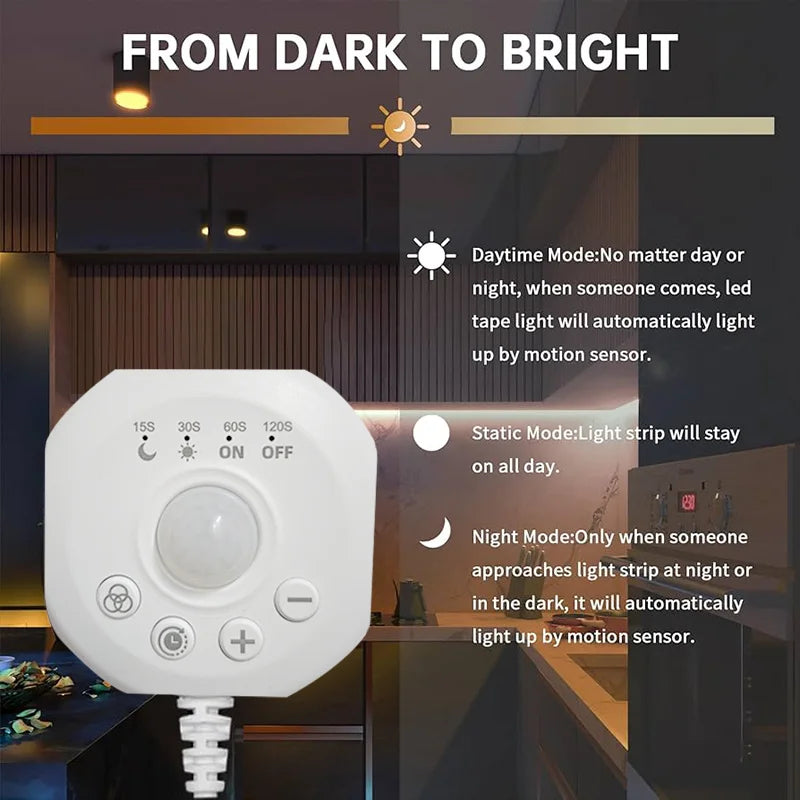 USB 5V Motion Sensor LED Strip Light – Chase Effect, 1–5 m (3.3–16.4 ft) Motion-Activated Under-Cabinet, Stair & Under-Bed Lighting