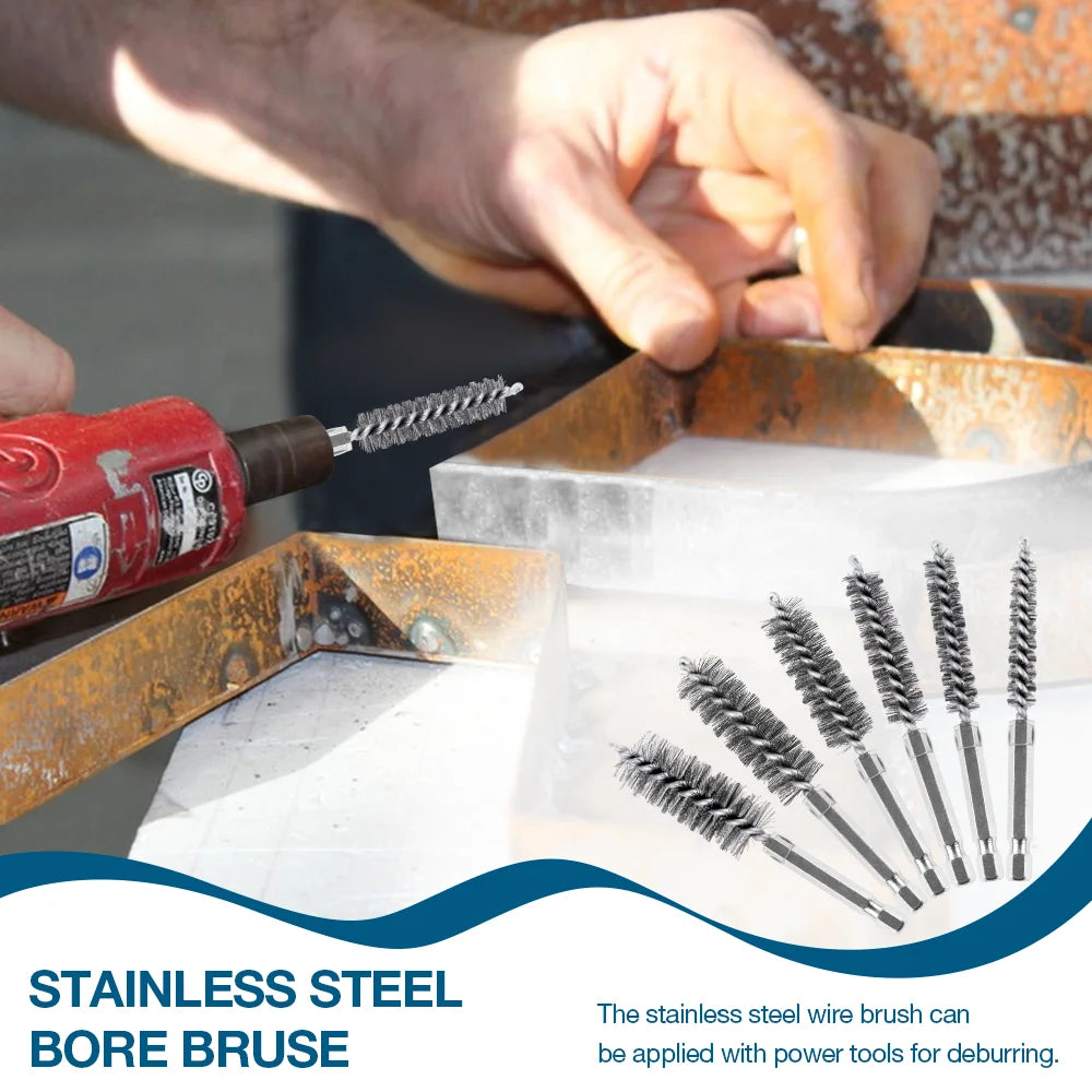 6/12-Pack Stainless Steel Drill Wire Brush Set — 1/4 in (6.35 mm) Hex Shank, 8/10/12/15/17/19 mm Bore Cleaning & Rust Removal