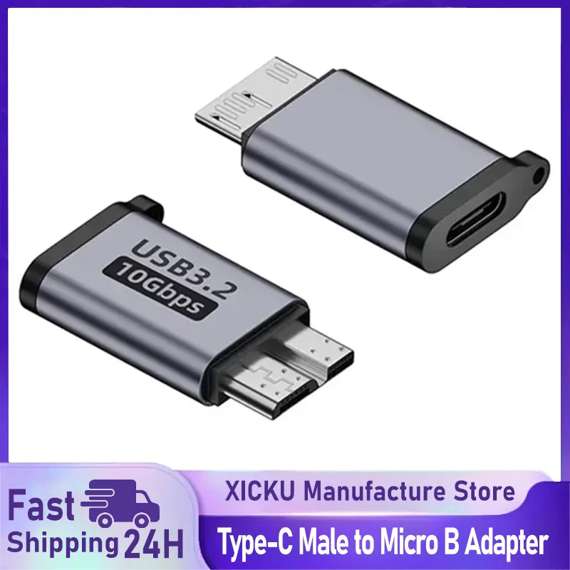 USB 3.0 Micro-B Male to USB-C Female Adapter — Type-C HDD Cable Converter, 10 Gbps High-Speed
