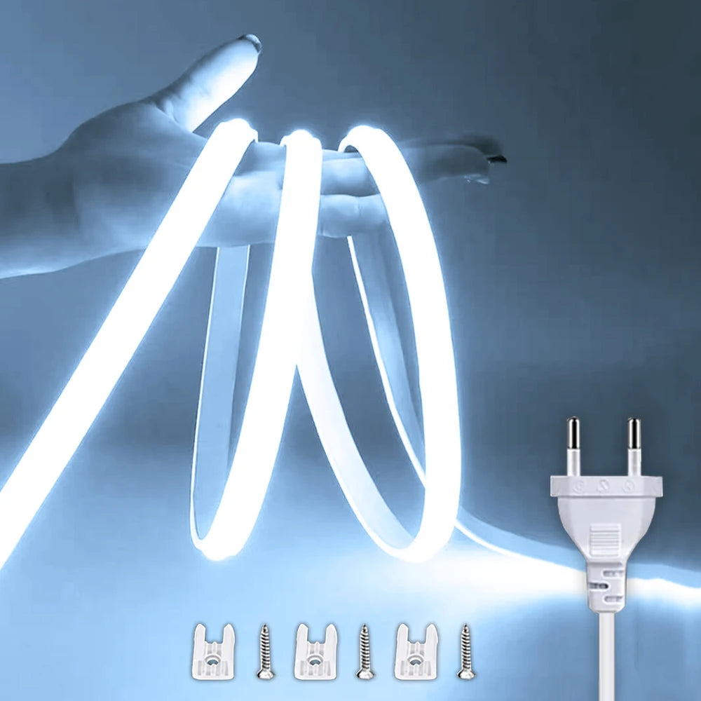 220V COB LED Strip Light with ON/OFF Switch IP65 Waterproof Flexible Ribbon Cuttable Every 50cm (3000K/6000K) for Bedroom Kitchen Garden