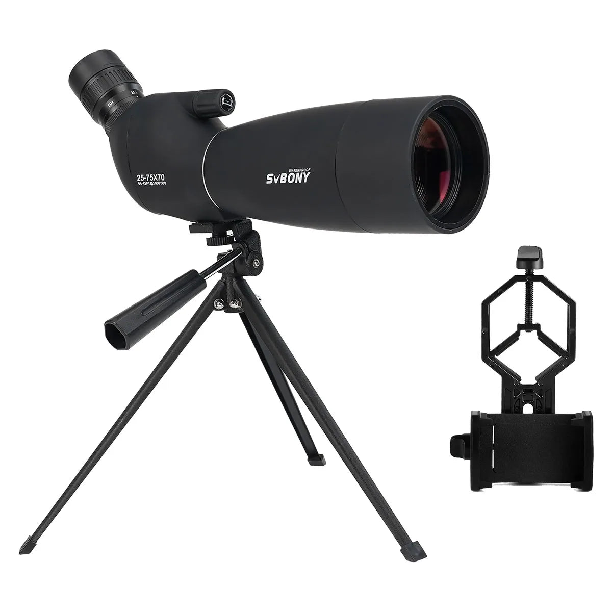 25-75x Spotting Scope — 50/60/70mm Objective Porro Prism Monocular with Phone Adapter & Mini Tripod for Bird Watching, Hunting, Archery, Camping