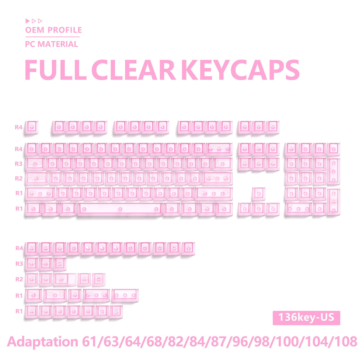 136-Key Transparent Multilingual Keycap Set for Mechanical Keyboards — EN/JP/RU/KR PC Compatible