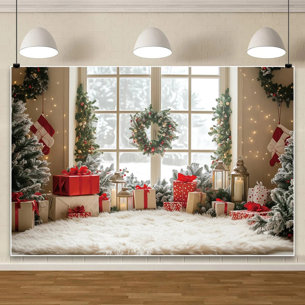 Christmas Fireplace Photography Backdrop — Gingerbread House & Wooden Window Holiday Photo Background for Kids & Family