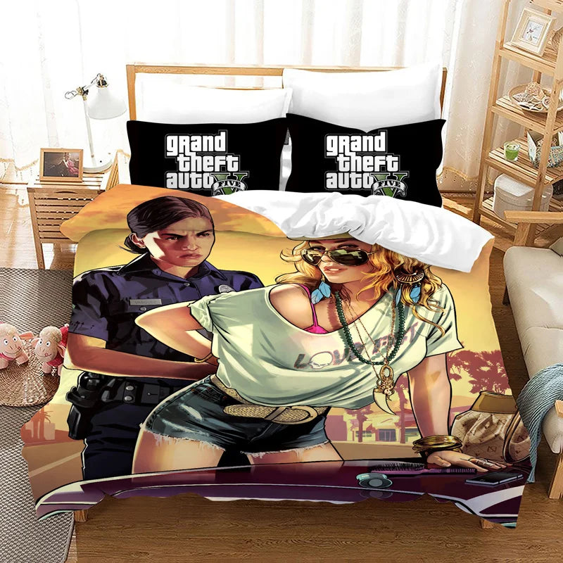 GTA V Cartoon 3-Piece Bedding Set — Printed Duvet Cover & 2 Pillowcases, Twin to King (68×86–104×90 in / 172×218–264×228 cm)
