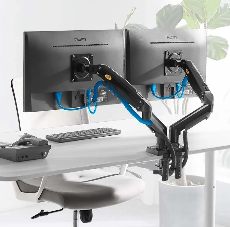 Gas Spring Dual Monitor Desk Mount 10-27 in (25-68 cm), 2-9 kg per Screen, 360° Rotation, VESA 75x75/100x100