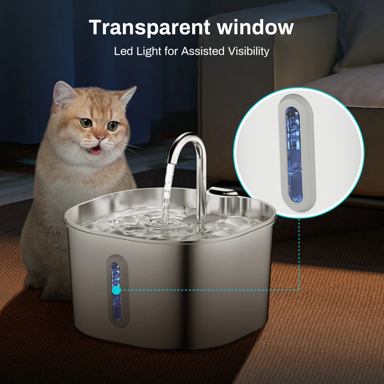 2.2L Automatic Pet Water Fountain – Square Stainless Steel Water Feeder with Viewing Window for Cats Dogs Rabbits (No 5V/1A Plug)