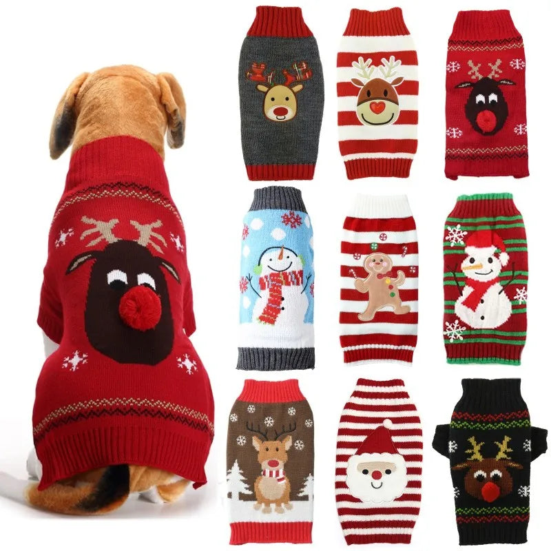 Christmas Knitted Dog Sweater – Winter Striped Cartoon Pet Coat, Sizes XXS–XXL (8.66–24.02 in / 22–61 cm Back)