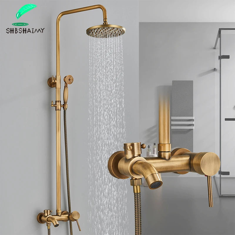 Antique Brass Wall-Mounted Rainfall Shower Set with 8-Inch Shower Head, Handheld & Shelf - Dual Handle Mixer Tap