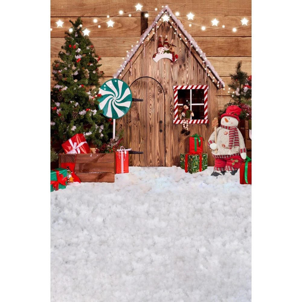 Christmas Photography Backdrop - Santa, Tree & Fireplace Winter Snow Wood Floor Portrait Background