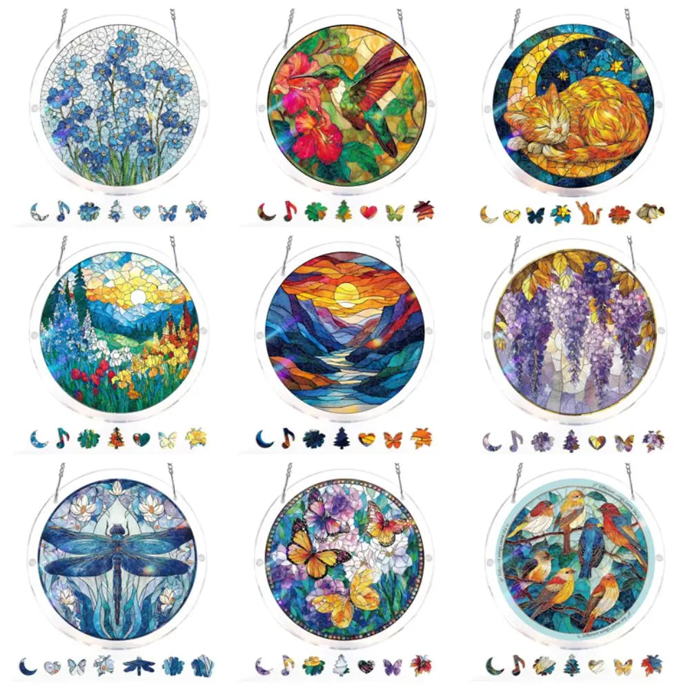 83-Piece 7.4in (18.8cm) Round Acrylic Puzzle Sun Catcher - UV-Printed Window Hanging with Metal Chain