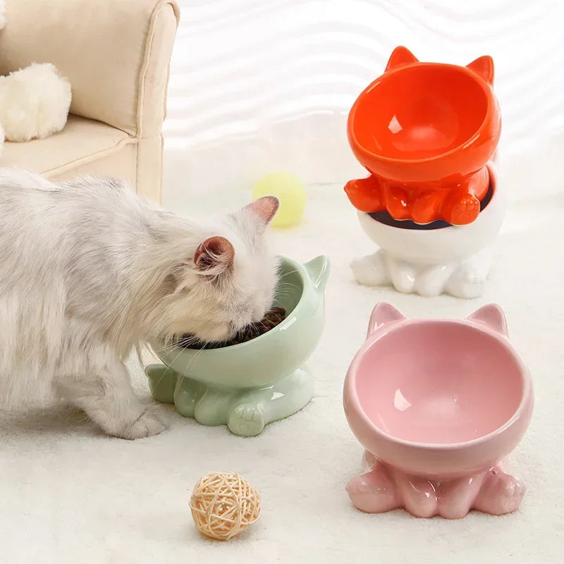 Elevated Ceramic Cat Bowl – Tilted Diagonal Design for Neck Support, Easy-Clean Pet Food & Water Dish