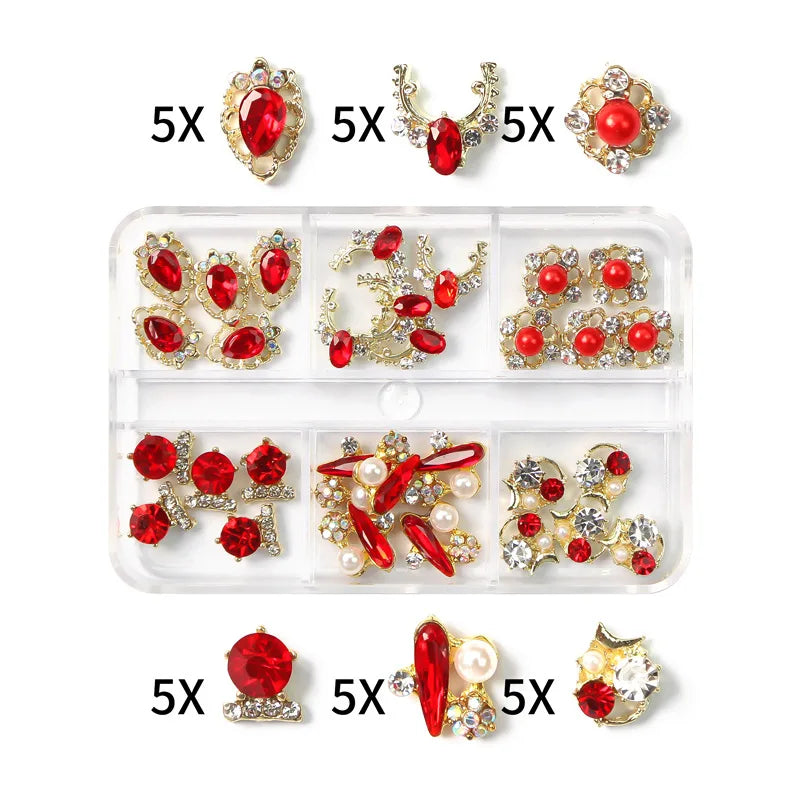 6-Grid Nail Rhinestone Kit – Saturn, Planet & Cross Crystal Nail Charms for Nail Art