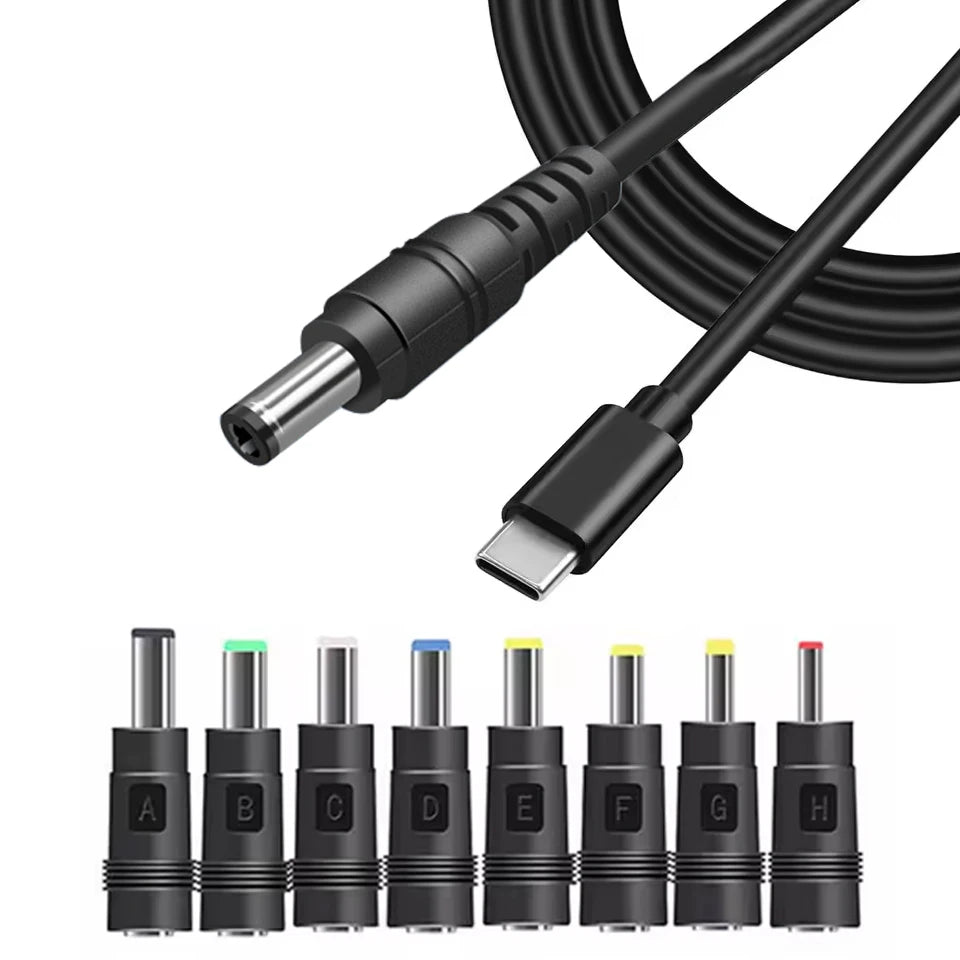 USB-C PD to 12V DC Adapter Cable — Type-C to 5.5×2.1mm with 8 Interchangeable DC Tips, 1.5m (4.9ft) Power Cable for Routers, Mini Fans, Speakers, IP Cameras