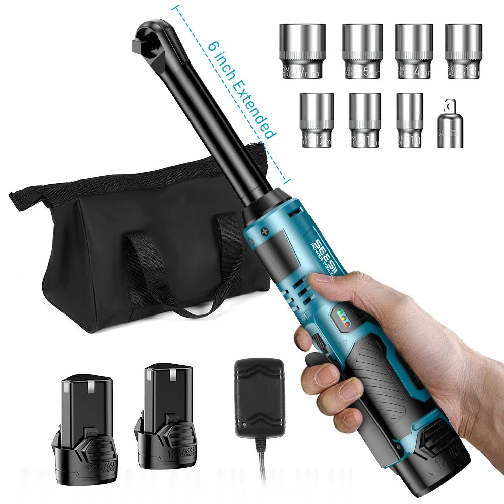 6 in (152 mm) Extended Cordless Electric Ratchet Wrench 3/8 in (9.5 mm) Drive 12V 55 Nm Variable Speed LED with 2×2000mAh Batteries