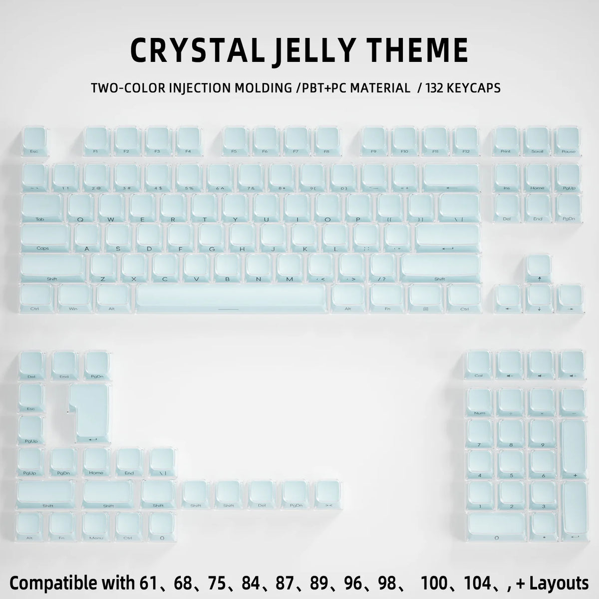 Crystal Jelly Keycap Set — Korean & English Side/Front Printed for Mechanical Keyboards | Pink, White & Blue — Fits 60%, 75%, 80%, 100% and Common Layouts