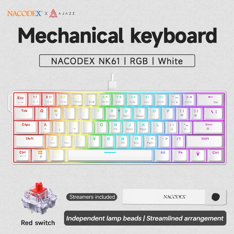 60% Mechanical Gaming Keyboard 61-Key Wired RGB Hot-Swappable Red Switch Mini Keyboard for PC