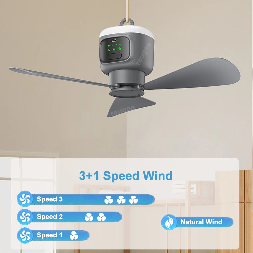 12000mAh Portable Rechargeable Ceiling Fan with Remote & LED Light — 450mm (17.7 in) Camping Tent Air Circulator