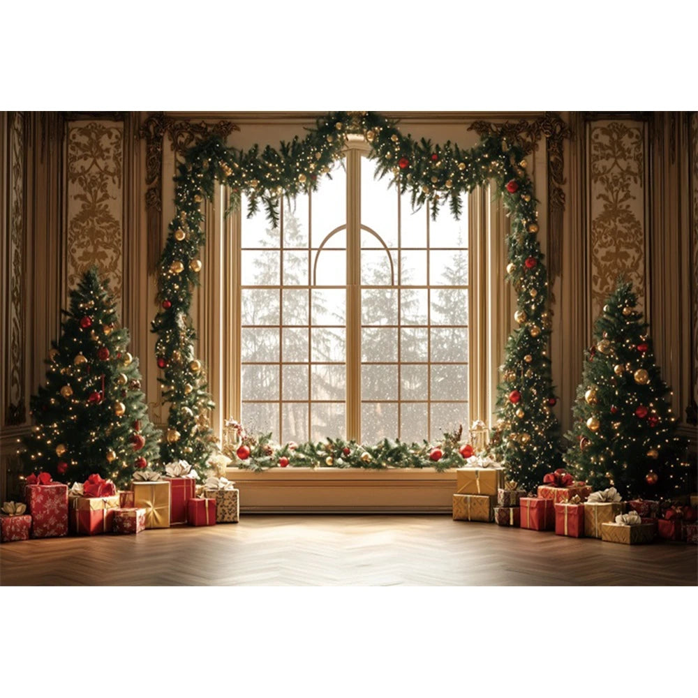 Christmas Fireplace Photography Backdrop — Gingerbread House & Wooden Window Holiday Photo Background for Kids & Family