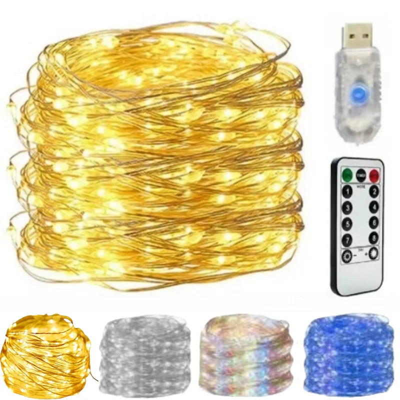 USB Fairy LED String Lights — 1/2/5/10/20/30M (3.3–98.4 ft) Silver Wire, 8 Modes & Remote, Multicolor
