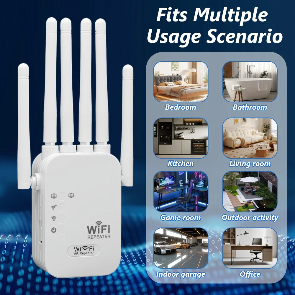 Dual Band 1200Mbps WiFi Range Extender (2.4GHz/5GHz) – 6‑Antenna Long Range Repeater with AP/Router Modes, EU/US Plug