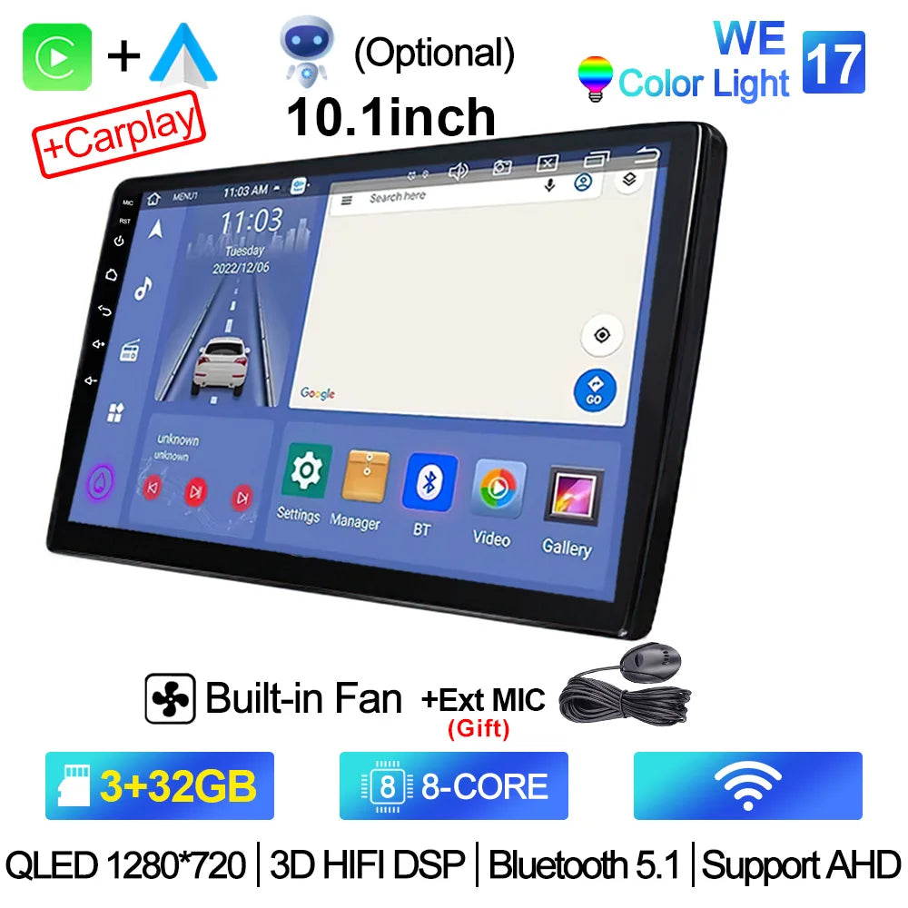 2-DIN Android Car Stereo - CarPlay & Android Auto, 7/9/10.1 inch (17.8/22.9/25.6 cm) QLED GPS, 8-Core CPU, DSP, WiFi & 4G, 6GB/128GB