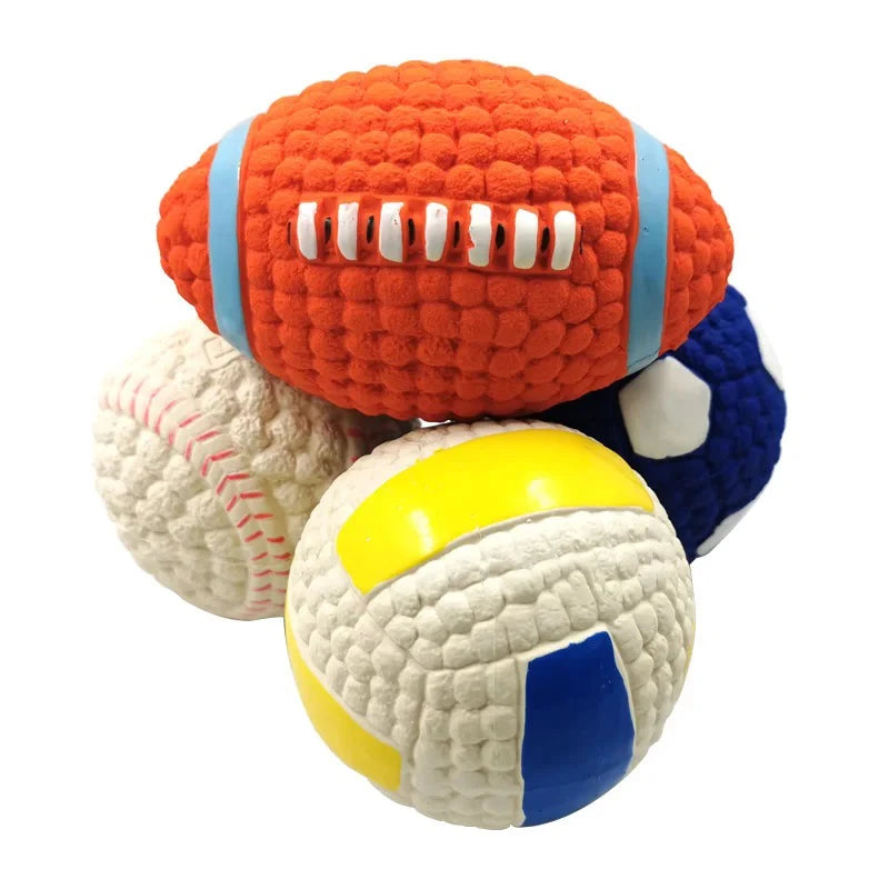 Dog Squeaky Latex Ball Chew Toy – Dental Cleaning Training & Interactive Play (Rugby, Tennis, Volleyball, Football, Basketball Shapes)