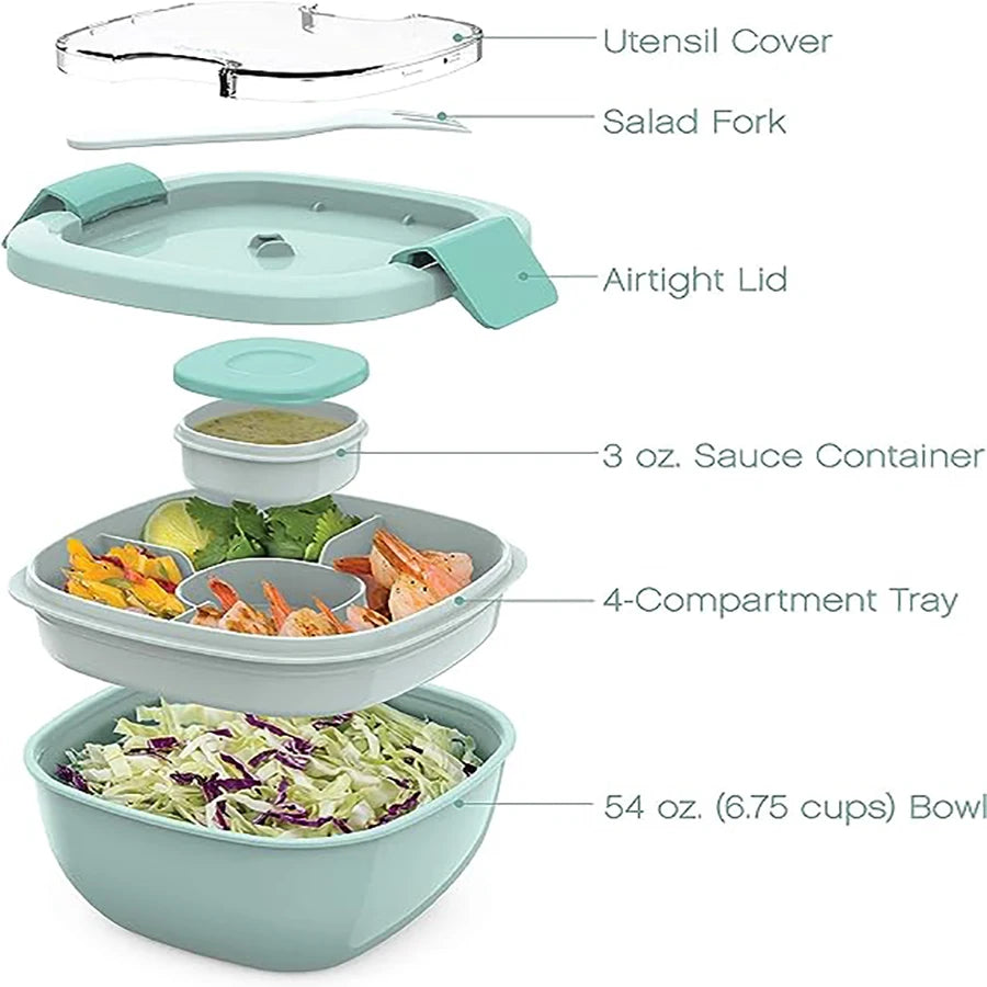 Double Stackable 50 oz (1.48 L) Lunch Box - 4-Compartment Salad Bowl with 3 oz (90 ml) Sauce Cup & Built-In Fork & Spoon