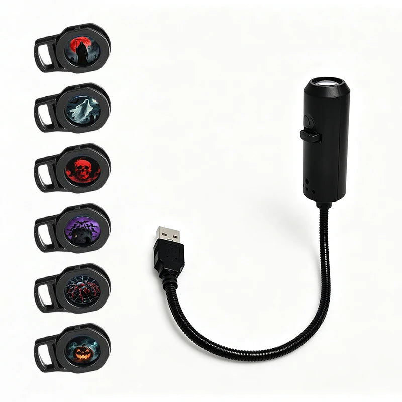 Halloween LED Projector Lamp USB Powered with Interchangeable Slides and Adjustable Gooseneck