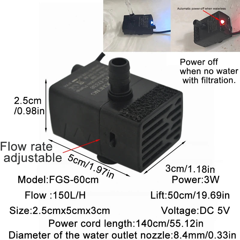 USB Submersible Aquarium Water Pump – Ultra Quiet Mini Fish Tank Circulation & Filtration Pump, Adjustable Flow 5V 3W/5W, 150 L/H