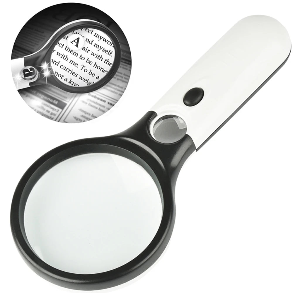 White Handheld Magnifying Glass 3X & 45X with 3 LED Lights — Reading, Jewelry, Coins, Stamps