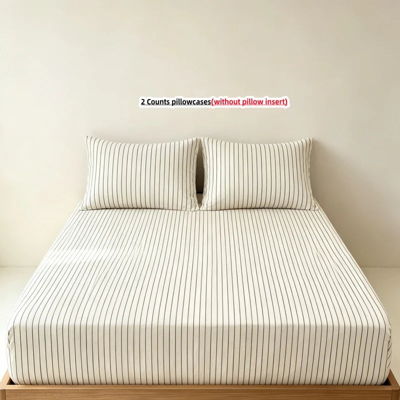 3-Piece Stripe Fitted Sheet Set – Elastic Anti-Slip Adjustable Mattress Cover with 2 Pillowcases, Fits 39–86.6 in (100–220 cm)