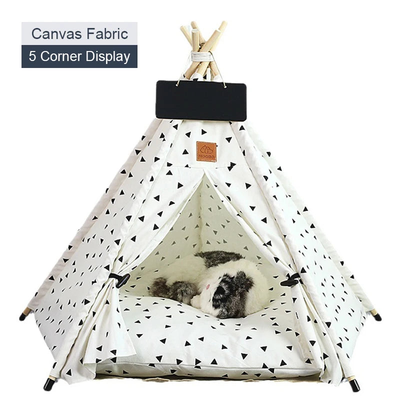 Pet Teepee Tent for Cats & Small Dogs - Portable Washable Indoor Pet Bed with Removable Cushion & Chalkboard (S ≤11 lb/5 kg, M ≤22 lb/10 kg, L ≤33 lb/15 kg)