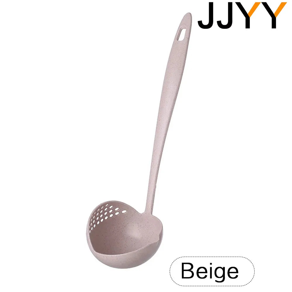 FanzyMarket 2-in-1 long handle slotted spoon strainer, plastic soup ladle for hot pot and kitchen use, with ergonomic design.