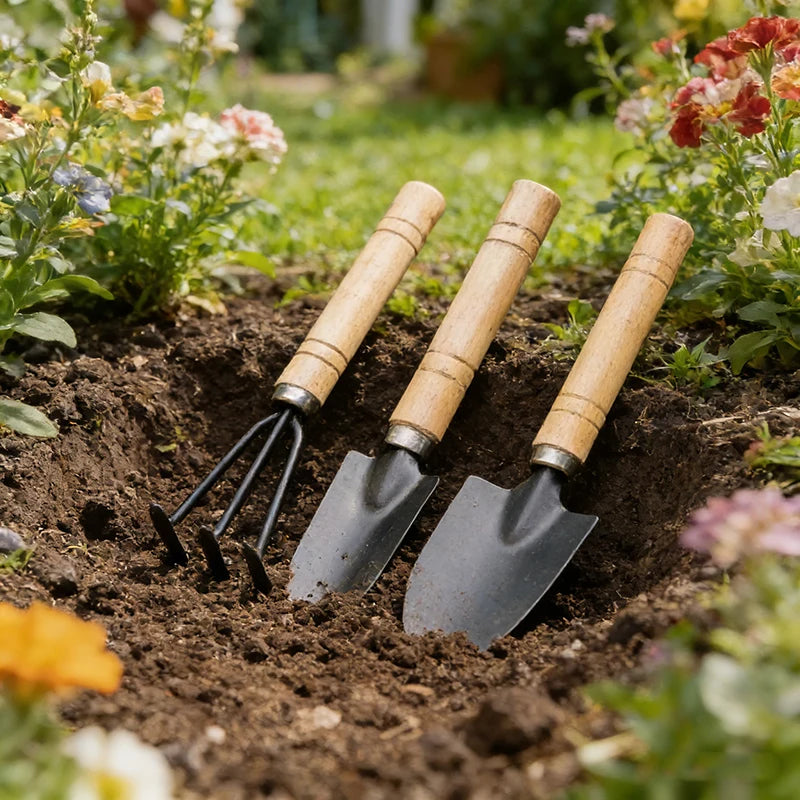 3-Piece Mini Gardening Tools Set - Portable Trowel, Rake and Harrow with Wooden Handles for Indoor Plants and Soil Loosening