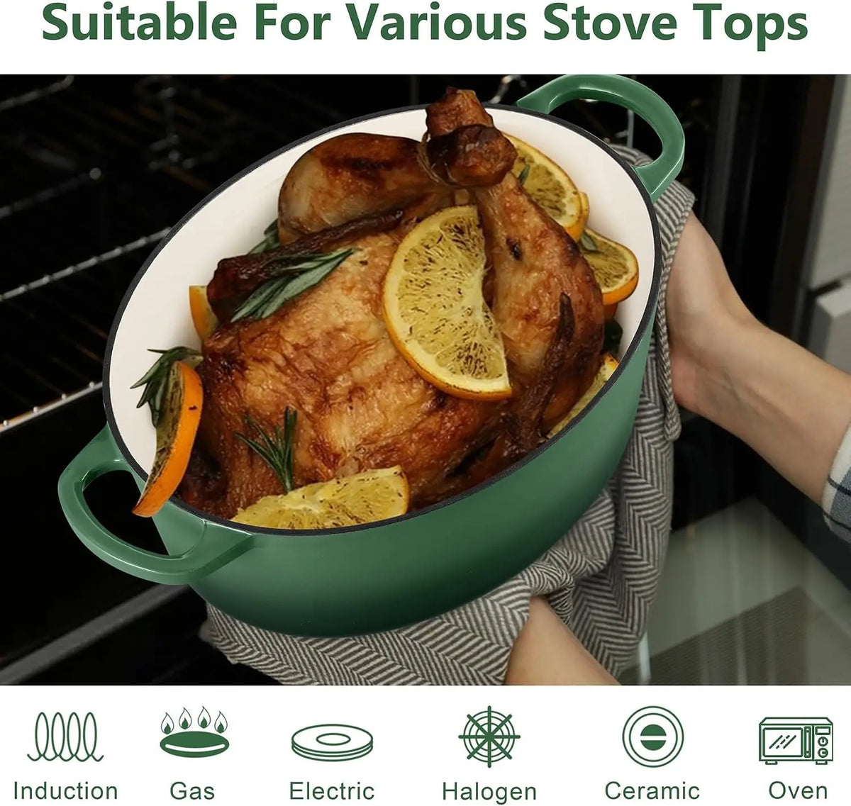 7 Qt (6.6 L) Oval Enameled Cast Iron Dutch Oven with Lid — Oven & Stovetop Safe for Bread Baking, Braising, Stewing & Frying