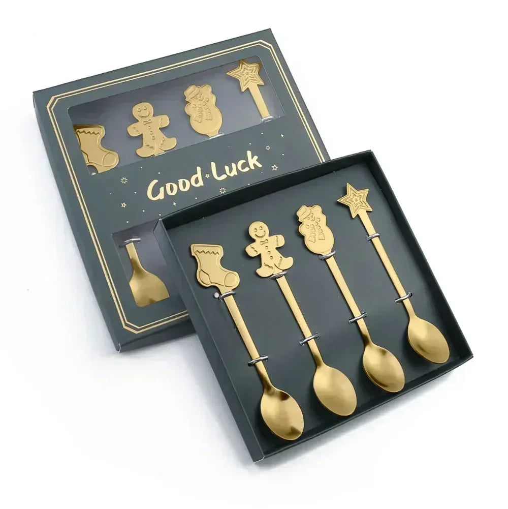 4-Piece Stainless Steel Christmas Cutlery Set – Spoon & Fork Holiday Table Decor with Elk & Tree Ornaments