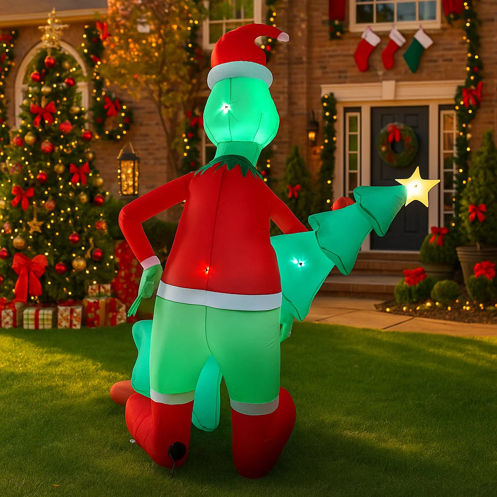 6.8 ft (2.07 m) Grinch Holding Christmas Tree Inflatable Yard Decoration – Outdoor Holiday Decor, Plug-In Inflatable